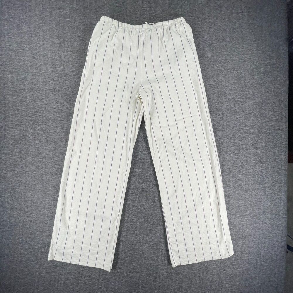 Zara Linen Blend Striped Wide Leg Pants L Pinstripe Pull On Boho Coastal Beach - Picture 10 of 14